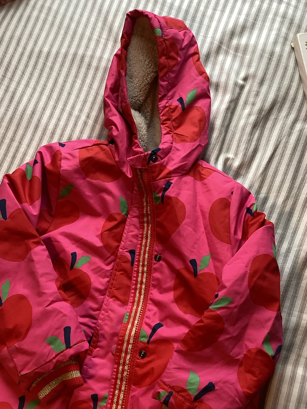 Mini Boden Pink Hooded Puffer Jacket with Red Apple Print